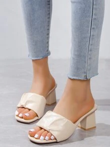 女士紋理質感設計粗跟優雅穆勒涼鞋 - 米色 - 查看 5