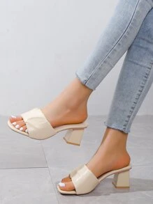 女士紋理質感設計粗跟優雅穆勒涼鞋 - 米色 - 查看 8