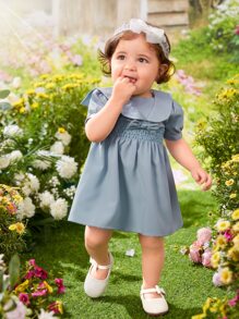 SHEIN 嬰兒泡泡袖打褶前蝴蝶結連衣裙 - 霧霾藍 - 查看 1