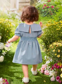 SHEIN 嬰兒泡泡袖打褶前蝴蝶結連衣裙 - 霧霾藍 - 查看 2