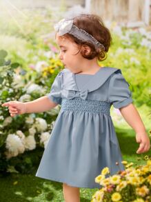 SHEIN 嬰兒泡泡袖打褶前蝴蝶結連衣裙 - 霧霾藍 - 查看 3