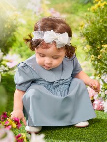 SHEIN 嬰兒泡泡袖打褶前蝴蝶結連衣裙 - 霧霾藍 - 查看 4