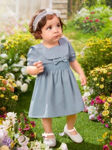 SHEIN 嬰兒泡泡袖打褶前蝴蝶結連衣裙 - 霧霾藍 - 查看 5