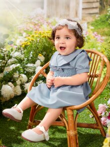 SHEIN 嬰兒泡泡袖打褶前蝴蝶結連衣裙 - 霧霾藍 - 查看 6