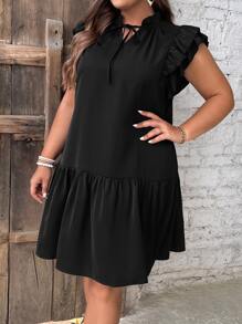 SHEIN LUNE 大碼繫帶領荷葉邊娃娃裙 - 黑色 - 查看 3