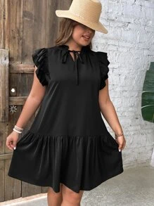 SHEIN LUNE 大碼繫帶領荷葉邊娃娃裙 - 黑色 - 查看 5