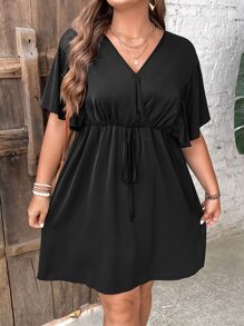 SHEIN LUNE Plus Solid Knot Front Butterfly Sleeve Dress - Black - View 1
