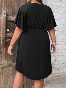 SHEIN LUNE Plus Solid Knot Front Butterfly Sleeve Dress - Black - View 2