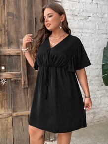 SHEIN LUNE Plus Solid Knot Front Butterfly Sleeve Dress - Black - View 3