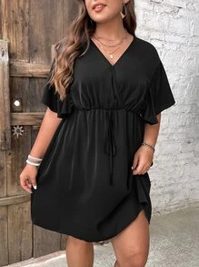SHEIN LUNE Plus Solid Knot Front Butterfly Sleeve Dress - Black - View 4
