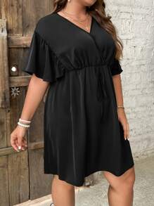 SHEIN LUNE Plus Solid Knot Front Butterfly Sleeve Dress - Black - View 6