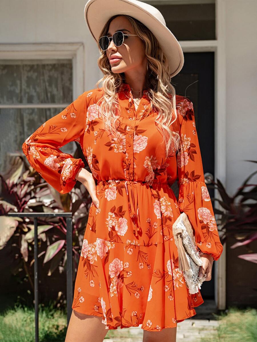 Floral Print Lantern Sleeve Ruffle Hem Dress - Orange - View 1