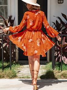 Floral Print Lantern Sleeve Ruffle Hem Dress - Orange - View 2
