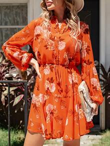 Floral Print Lantern Sleeve Ruffle Hem Dress - Orange - View 3