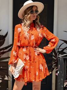 Floral Print Lantern Sleeve Ruffle Hem Dress - Orange - View 4
