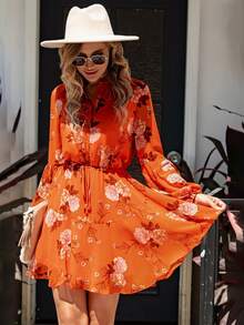 Floral Print Lantern Sleeve Ruffle Hem Dress - Orange - View 5