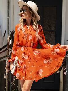 Floral Print Lantern Sleeve Ruffle Hem Dress - Orange - View 6