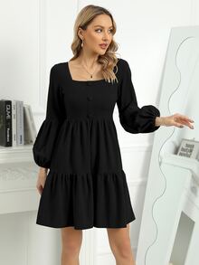 Đầm Viên lá sen màu trơn Retro - màu đen - Xem 3