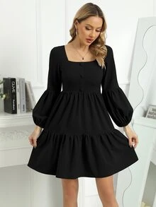 Đầm Viên lá sen màu trơn Retro - màu đen - Xem 4