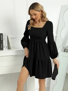 Đầm Viên lá sen màu trơn Retro - màu đen - Xem 5