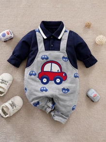 Yierying Đứa bé trai In Ô tô 2 trong1 Cổ Polo Áo liền quần - Nhiều màu - Xem 1