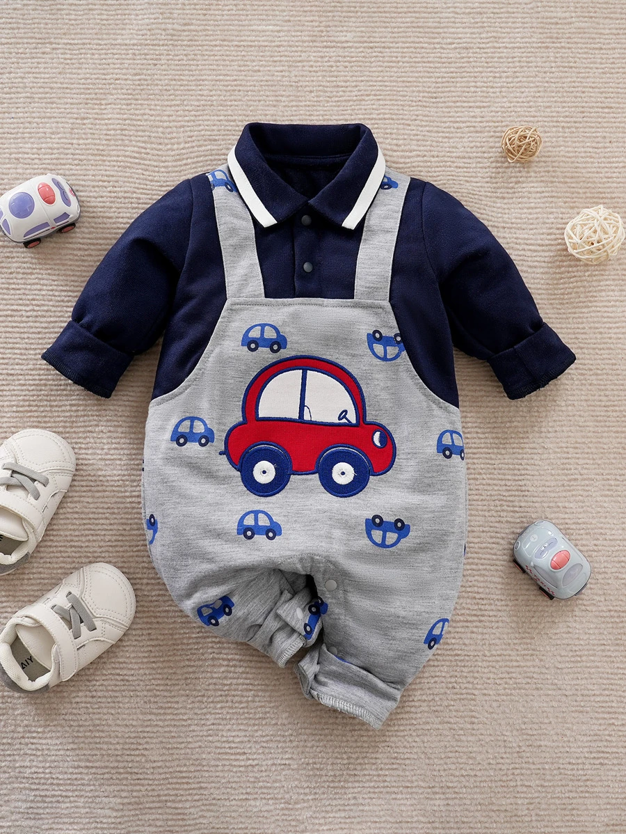 Yierying Đứa bé trai In Ô tô 2 trong1 Cổ Polo Áo liền quần - Nhiều màu - Xem 1