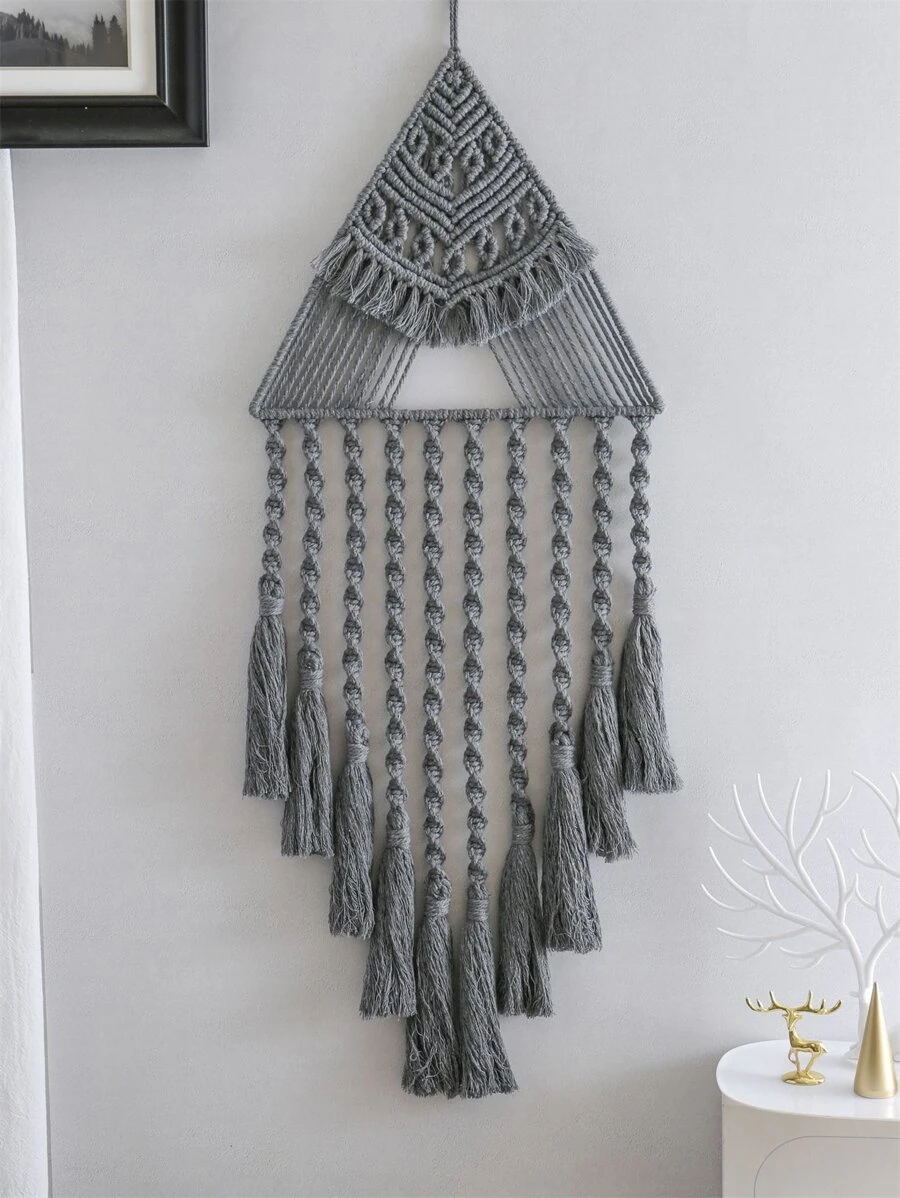 1入組三角形壁掛波西米亞風織物流蘇裝飾黑色室內和室外懸掛裝飾 - 灰色 - 查看 1