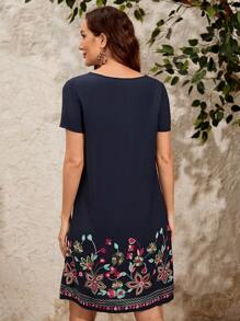 EMERY ROSE Floral Print Notched Neckline Dress - Navy Blue - View 3