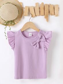 SHEIN Niñas Camiseta ribete con fruncido con lazo delantero - Morado - Ver 1