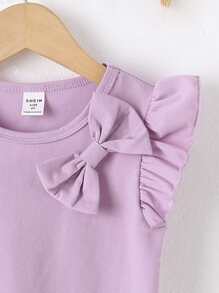 SHEIN Niñas Camiseta ribete con fruncido con lazo delantero - Morado - Ver 3