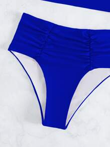 Solid Bikini Set Cut-Out Ruched Cami Top & Tummy Control High Waisted Bottom 2 Pieces Bikini Summer Beach