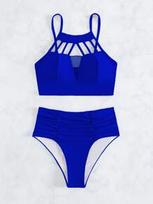 Solid Bikini Set Cut-Out Ruched Cami Top & Tummy Control High Waisted Bottom 2 Pieces Bikini Summer Beach