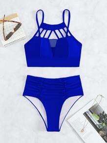 Solid Bikini Set Cut-Out Ruched Cami Top & Tummy Control High Waisted Bottom 2 Pieces Bikini Summer Beach