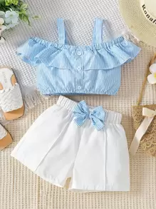 SHEIN Niñas de rayas de hombros descubiertos ribete con fruncido Top & con lazo delantero Shorts - Azul y blanco - Ver 1