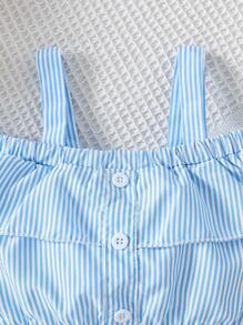 SHEIN Niñas de rayas de hombros descubiertos ribete con fruncido Top & con lazo delantero Shorts - Azul y blanco - Ver 4
