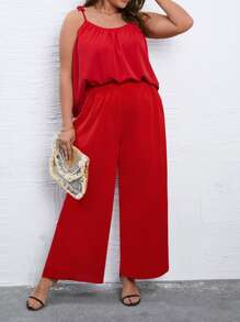 SHEIN LUNE Top de tirantes unicolor & Pantalones de pierna ancha - Rojo - Ver 1