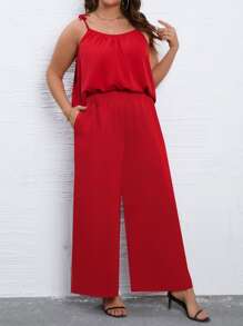 SHEIN LUNE Top de tirantes unicolor & Pantalones de pierna ancha - Rojo - Ver 3