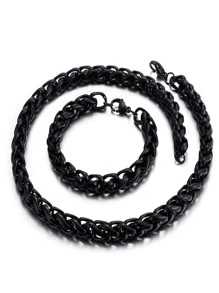 2pcs/set Men Solid Chain Necklace & Bracelet - Black - View 1