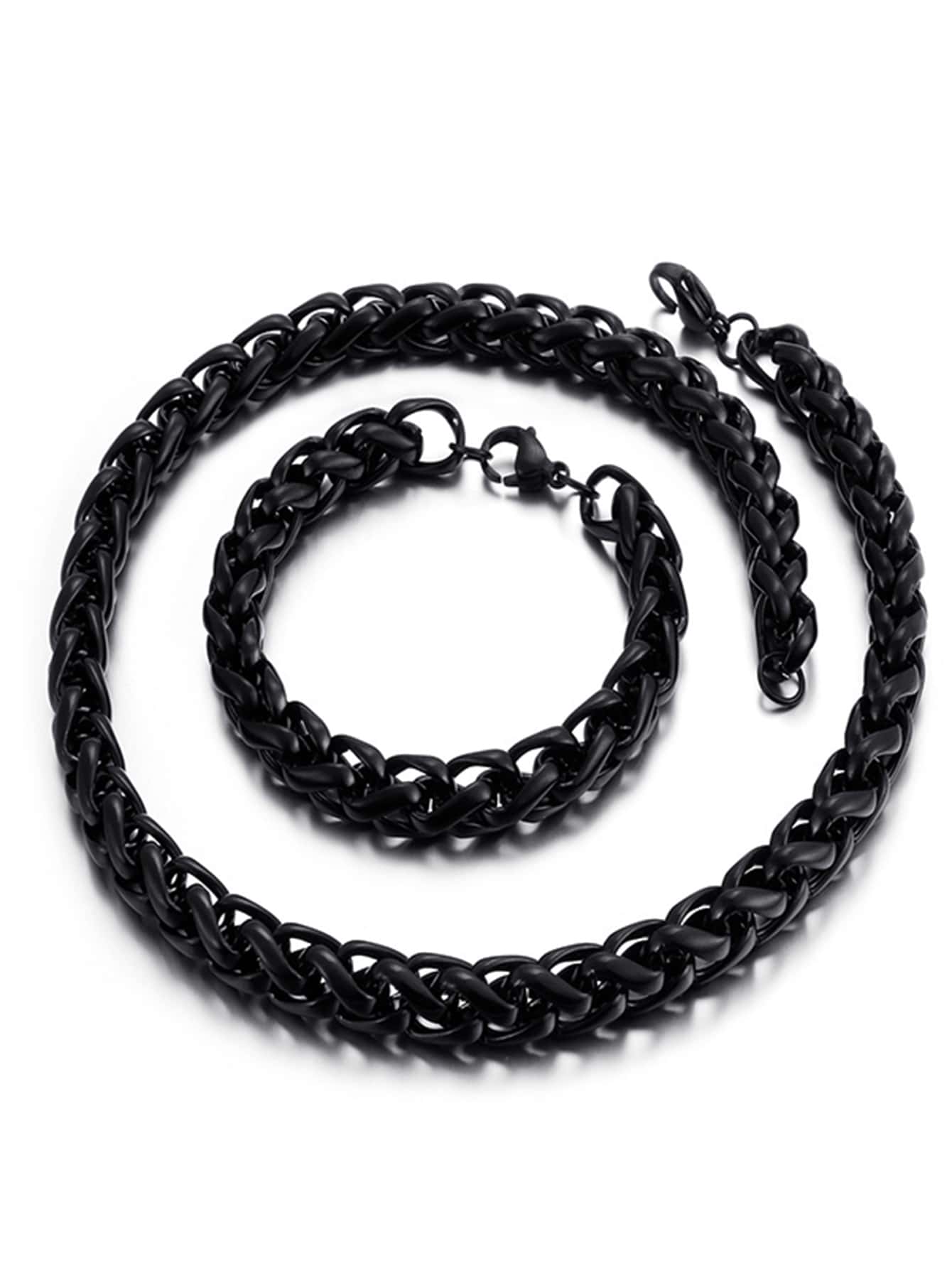 2pcs/set Men Solid Chain Necklace & Bracelet - Black - View 1