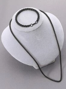 2pcs/set Men Solid Chain Necklace & Bracelet - Black - View 2