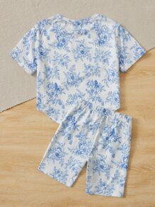 SHEIN 小女童印花T恤和短褲 - 藍白色 - 查看 2