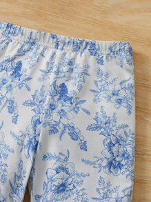 SHEIN 小女童印花T恤和短褲 - 藍白色 - 查看 3