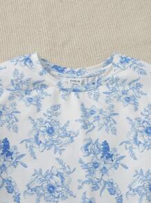 SHEIN 小女童印花T恤和短褲 - 藍白色 - 查看 4