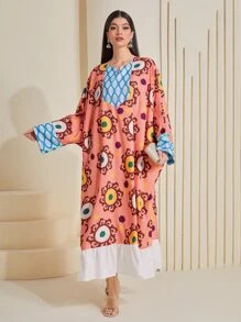 Al Najma Vestido con estampado de dibujo de manga murciélago bajo con fruncido - Multicolor - Ver 1