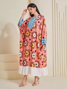 Al Najma Vestido con estampado de dibujo de manga murciélago bajo con fruncido - Multicolor - Ver 3