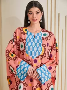 Al Najma Vestido con estampado de dibujo de manga murciélago bajo con fruncido - Multicolor - Ver 5