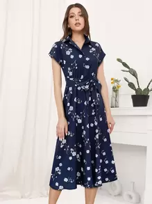 Floral Print Belted Shirt Dress - Navy Blue - View 1