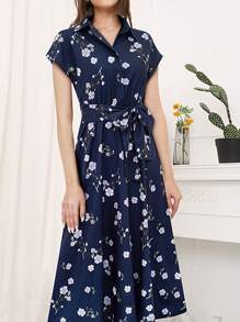 Floral Print Belted Shirt Dress - Navy Blue - View 4