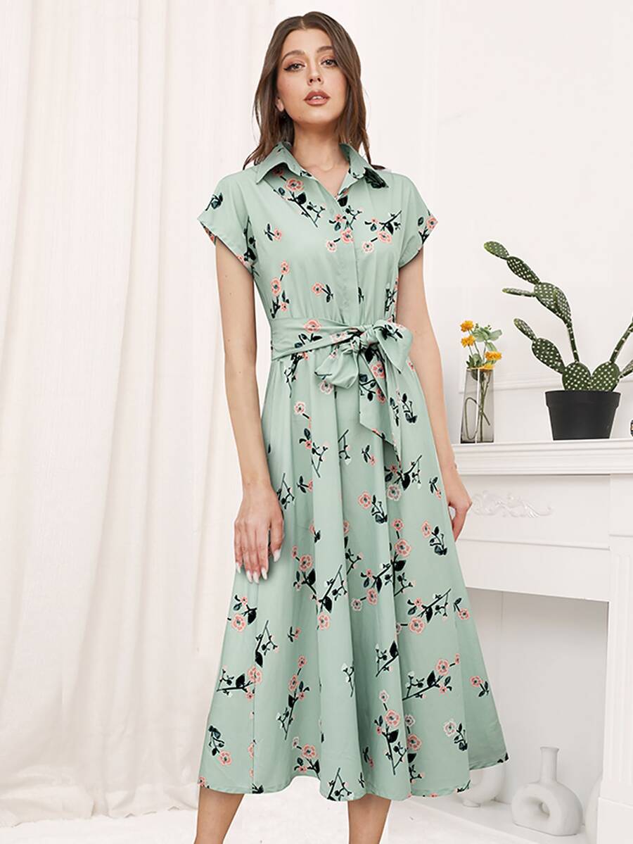 Floral Print Tie Front Shirt Dress - Mint Green - View 1