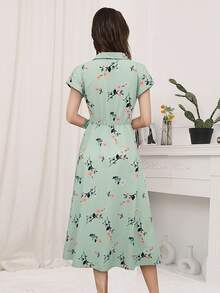 Floral Print Tie Front Shirt Dress - Mint Green - View 2